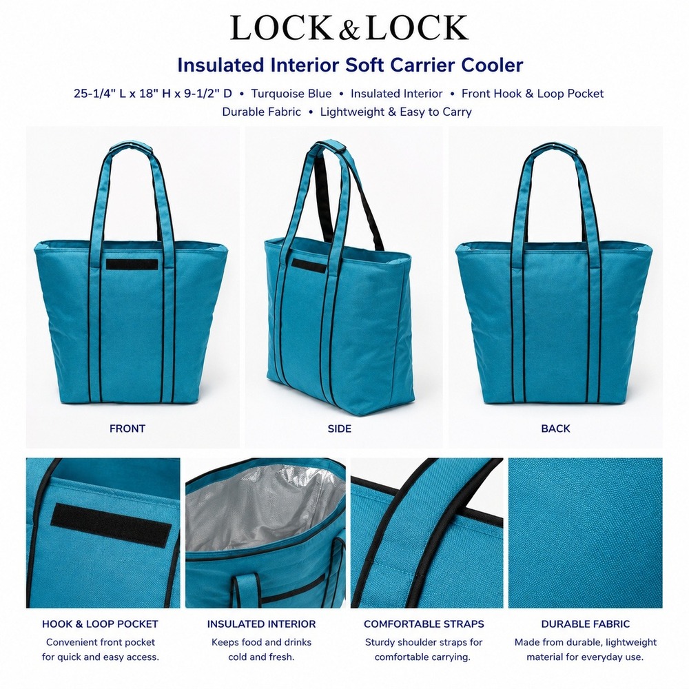 Lock & Lock Insulated Soft Carrier Cooler Turquoise Blue Large Tote Bag NWOT